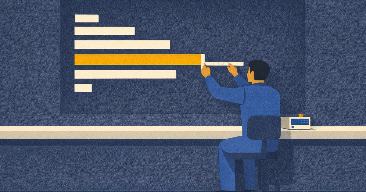 A technician in a blue jumpsuit sits at a long bench facing a wall panel. Six horizontal bars of different lengths are stacked on the panel, all starting at the same left edge. The fourth bar is amber and much longer than the rest, and the technician holds a ruler up against it.