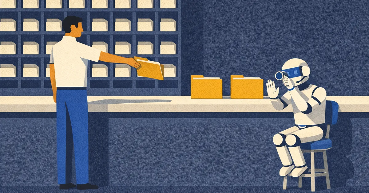 A clerk in a white shirt stands in front of a wall of pigeonholes and holds a manila folder out across a long counter. Two identical folders lie side by side on the counter. At the far end, a small robot on a stool looks at them through a loupe and holds up its other hand, palm out.