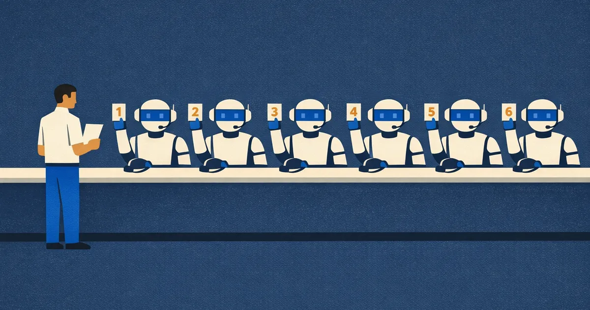 Six identical support robots behind one counter, each holding up a numbered ticket. One person with a single sheet of paper.